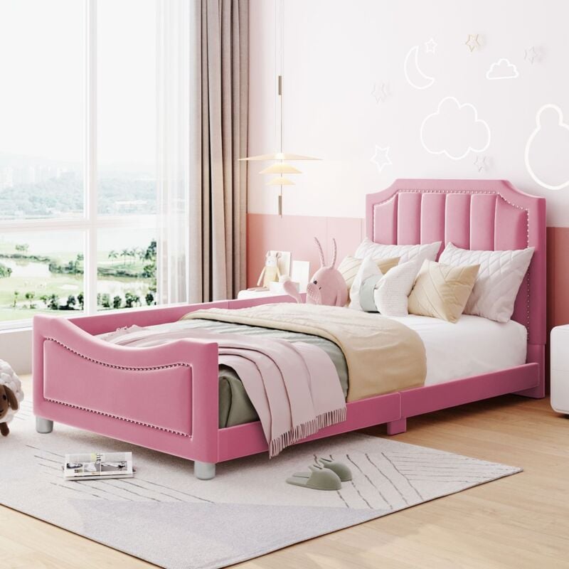 Lit d'enfant rose 90x200 cm-Cadre de lit moelleux Lit multifonctionnel doux