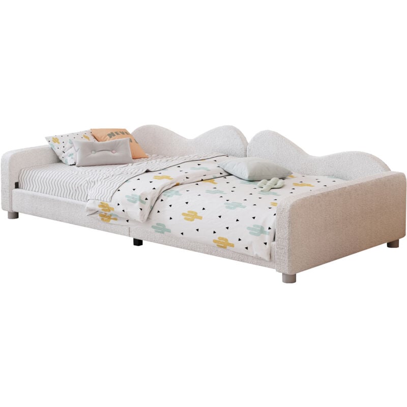 Gutent - Lit d'enfant, Sofabed 90x200cm, Cadre de lit en tissu ourson, avec dossier et accoudoirs-Blanc