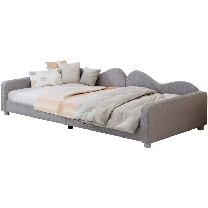 Lit d'enfant, Sofabed 90x200cm, Cadre de lit en tissu ourson, avec dossier et accoudoirs-Gris