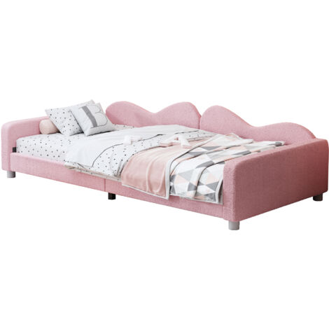 Lit d'enfant, Sofabed 90x200cm, Cadre de lit en tissu ourson, avec dossier et accoudoirs-Rose