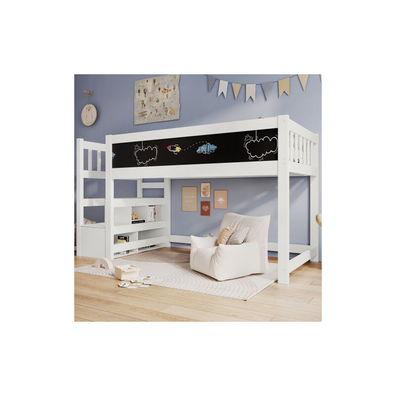 Lit d'enfant surélevé avec tableau blanc&tableau,stockage et protection contre les chutes 90 x 200 cm, Blanc Lit surélevé pour enfants - Sommier à