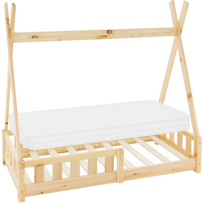 Ml-design - Lit Enfant Tipi 70x140 cm Naturel avec Matelas à Mousse Froide Polyester, Housse Amovible, Sommier à Lattes, Anti-Chute, Lit Style Indien
