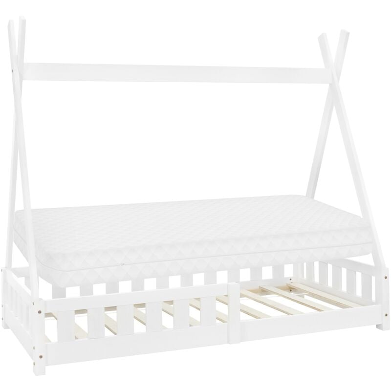 Ml-design - Lit Enfant Tipi 80x160 cm Blanc avec Matelas à Mousse Froide Polyester, Housse Amovible, Sommier à Lattes, Anti-Chute, Lit Style Indien