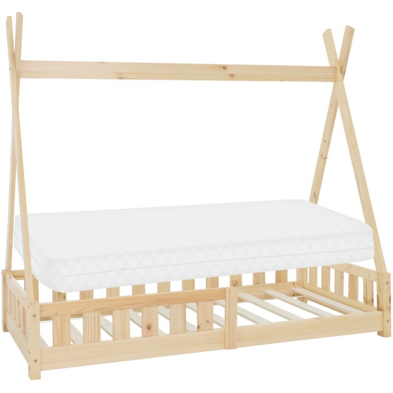 Ml-design - Lit Enfant Tipi 80x160 cm Naturel avec Matelas à Mousse Froide Polyester, Housse Amovible, Sommier à Lattes, Anti-Chute, Lit Style Indien