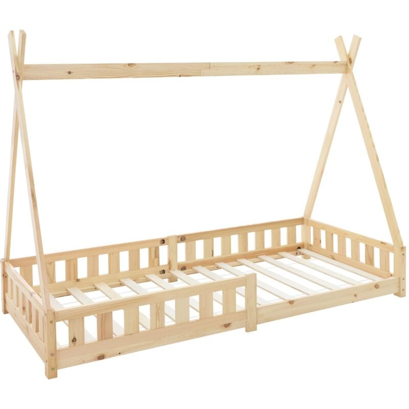 Lit d'Enfants Tipi 90x200 cm Naturel avec Protection Antichutes et Sommier à Lattes, Bois de Pin, Lit Indien pour Filles /Garçons, Lit d'Intérieur