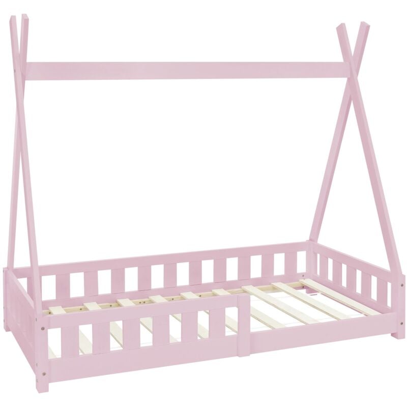 Lit d'Enfants Tipi Rose avec Protection Contre les Chutes en Bois de Pin Massif 80x160 cm Sommier á Lattes et Grille de Sécurité en Style Maison Lit