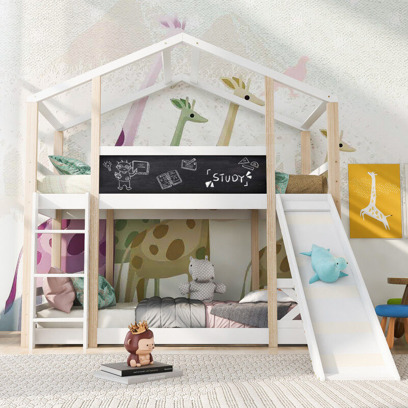 Lit d'enfant treehouse 90x200cm,superposé avec escalier et toboggan,lit mezzanine pour enfants avec cadre à lattes,lit pour enfants en forme de toit,