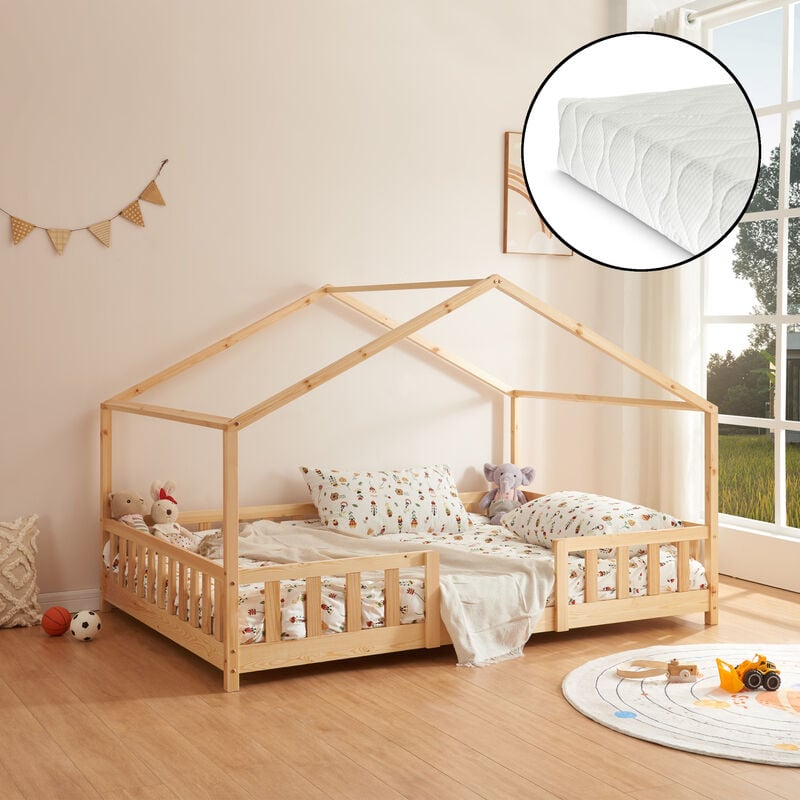 Lit d'enfant Treviolo Forme Maison avec Matelas à Mousse à Froid 200 x 140 cm Naturel [en.casa]