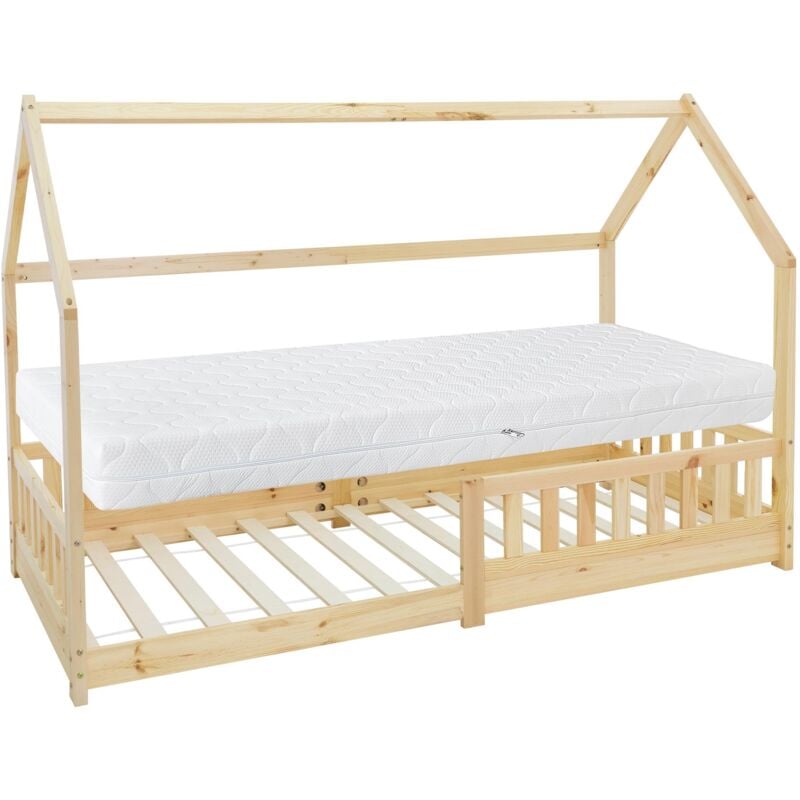 Lit d'Enfants 90x200 cm Naturel avec Matelas à Mousse Froide, H:16 cm, Housse Amovible, Sommier à Lattes, Protection Anti-Chute, Style Maison, Lit en