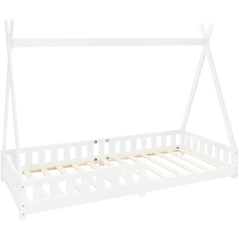 Lit d'Enfants Tipi 90x200 cm Blanc avec Protection Antichutes et Sommier à Lattes, Bois de Pin, Lit Indien pour Filles /Garçons, Lit d'Intérieur avec
