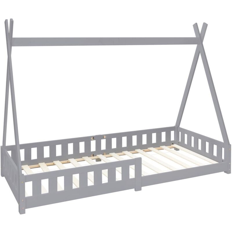 Lit d'Enfants Tipi 90x200 cm Gris Clair avec Protection Antichutes et Sommier à Lattes, Bois de Pin, Lit Indien Filles/Garçons, Lit d'Intérieur avec