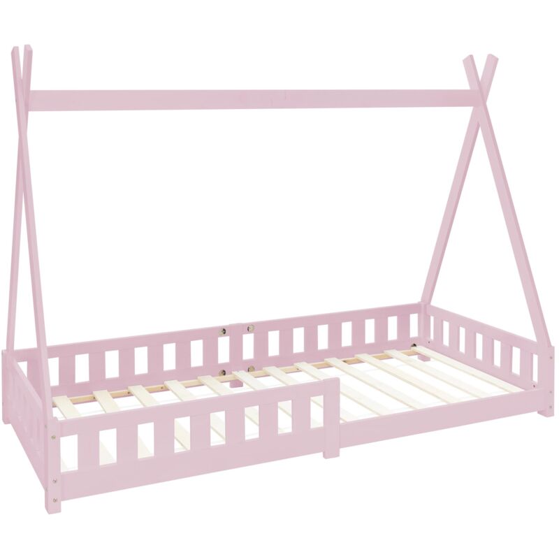 Lit d'Enfants Tipi 90x200 cm Rose avec Protection Antichutes et Sommier à Lattes, en Bois de Pin, Lit Indien pour Filles/Garçons, Lit d'Intérieur