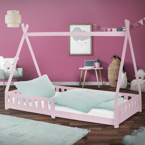 Lit d'enfants Tipi rose antichute lit en bois de pin aspect maison 200x90 cm