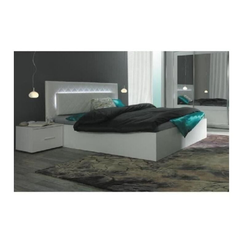 Lit design 160 x 200 avec LED + 2 chevets PANAREA couleur blanc. - Blanc