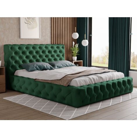 Lit design 180x200 Glory - Glamour Style Chesterfield - Lit Double avec rangement & Sommier à Latte - Vert (Kronos 19)