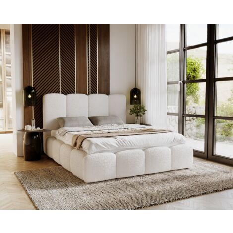 EMPORIUS 200x200 Merkad Boucle - Lit double avec rangement, sommier à lattes & coffre de lit - tissu bouclé - Crème (Anthology 1)