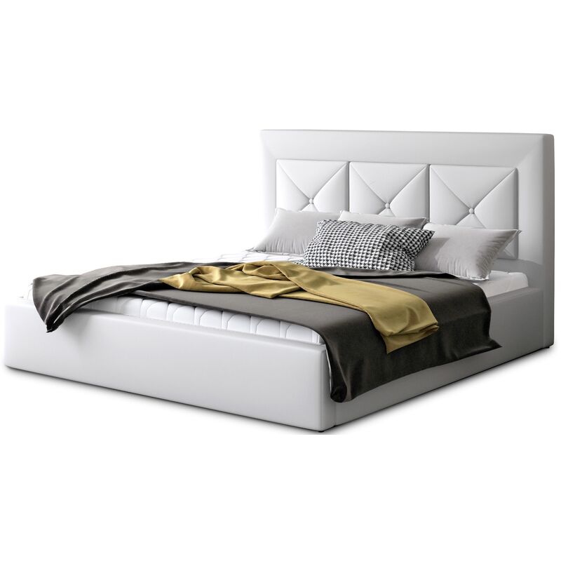 Lit design 200x200 cm simili cuir blanc Clarin