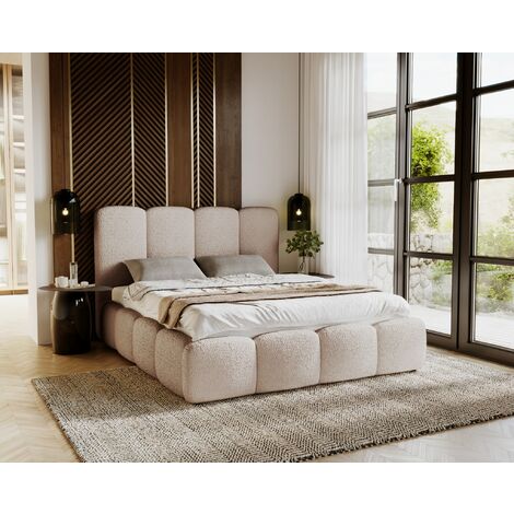 EMPORIUS 200x200 Merkad Boucle - Lit double avec rangement, sommier à lattes & coffre de lit - tissu bouclé - Beige (Anthology 3)