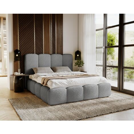 EMPORIUS 200x200 Merkad Boucle - Lit double avec rangement, sommier à lattes & coffre de lit - tissu bouclé - Gris (Anthology 17)