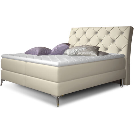 Lit design continental avec tête de lit capitonnée strass simili cuir beige clair Banky-140x200
