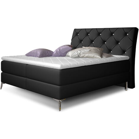 Lit design continental avec tête de lit capitonnée strass simili cuir noir Banky-140x200