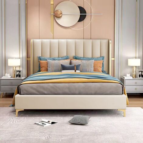 Lit design contour or avec sommier Diana – PU similicuir beige – Dimensions 160x200 cm – Tête de lit en mousse respirante – 215 x 170 x 140 cm – Meubler Design