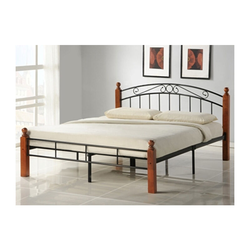 Lit Design en metal, pieds de lit en bois malaisiens marron, Dim: 160 x 200 cm -PEGANE-