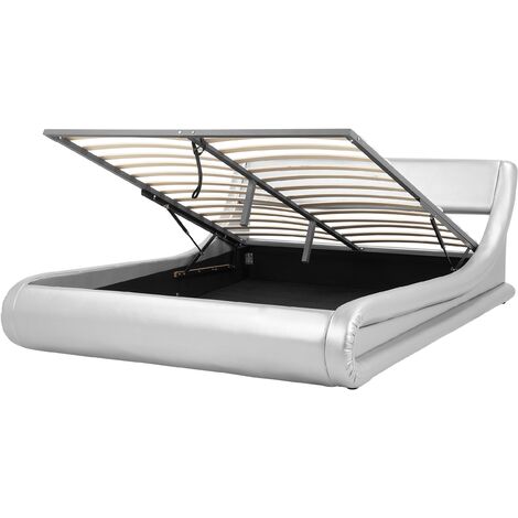 Lit design en simili cuir argenté avec rangement fonctionnel