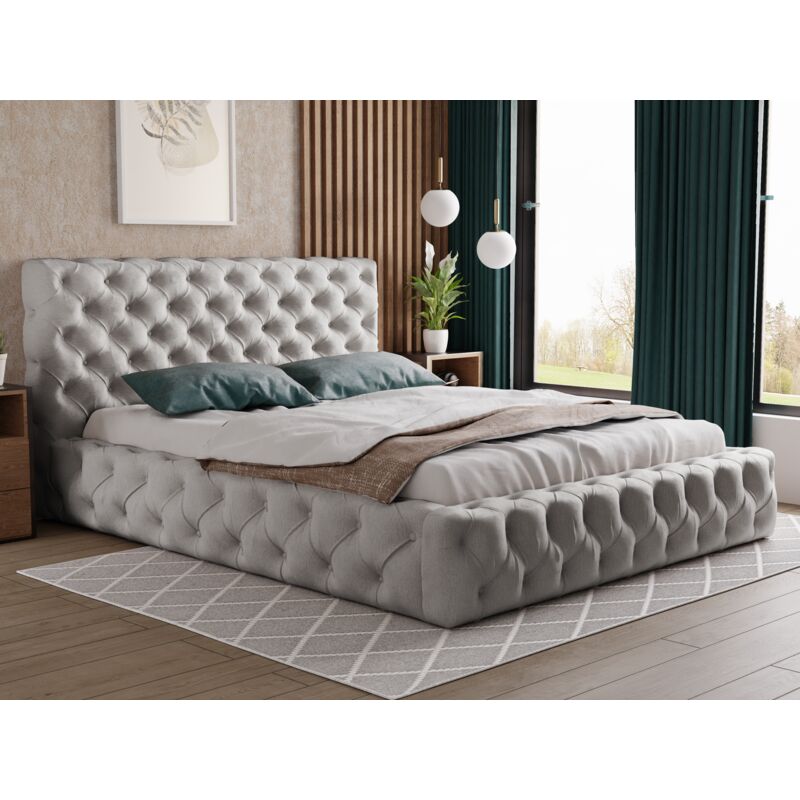 Lit design 180x200 Glory - Glamour Style Chesterfield - Lit Double avec rangement & Sommier à Latte - Gris (Paros 05)