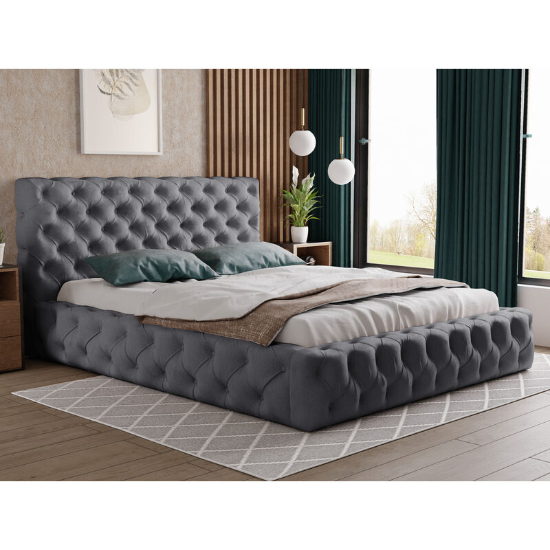 Lit design 160x200 Glory - Glamour Style Chesterfield - Lit Double avec rangement & Sommier à Latte - Gris foncé (Paros 06) - Gris foncé