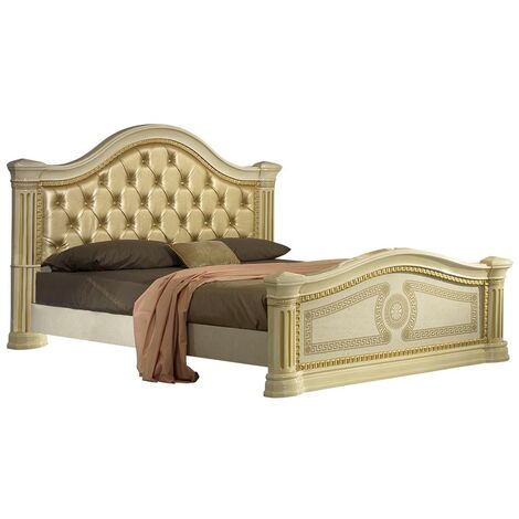 Lit design laqué beige tête de lit capitonnée simili cuir beige Savana 180x200