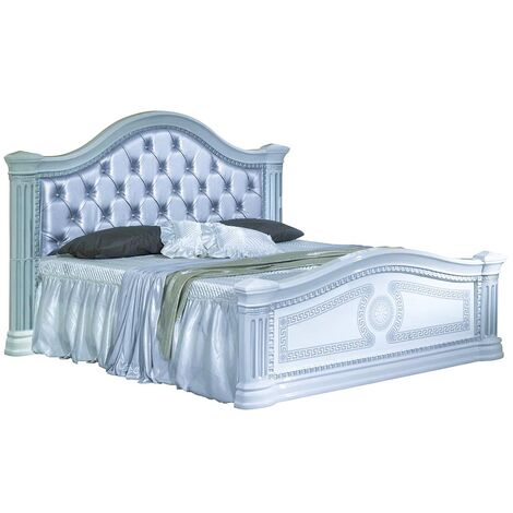 Lit design laqué blanc tête de lit capitonnée simili cuir argenté Savana 160x200