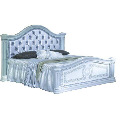 Lit design laqué blanc tête de lit capitonnée simili cuir argenté Savana 180x200