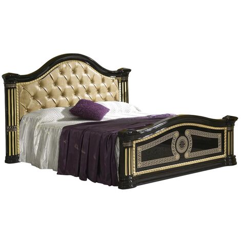 Lit design laqué noir tête de lit capitonnée simili cuir beige Savana 160x200