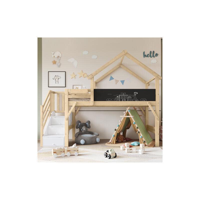 Lit d'étage, lit d'enfant avec pare-chutes et grille, design unique de toit, tableau peint, avec 3 verrouillages dans l'escalier, pinier+MDF+parquet,