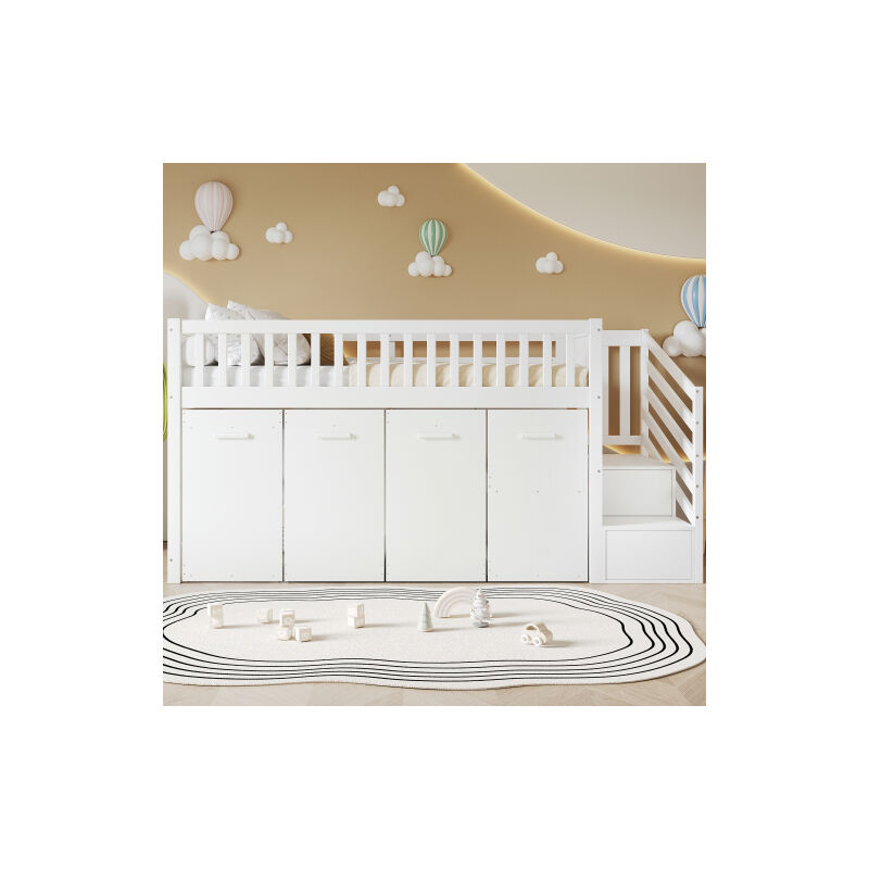 Lit d'étage, lit multifonctionnel, lit d'enfant avec pare-chutes et grille, avec bureau/armoire/rangements, avec 2 rangements dans l'escalier,