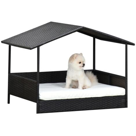 Lit d'extérieur en rotin avec auvent, surélevé pour chiens de petite et moyenne taille, rafraîchissant et doté d'une structure en métal et d'un coussin d'extérieur, 69 x 98 x 70 cm, couleur marron caf