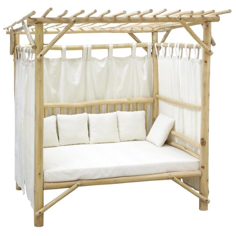 Lit d'extérieur en teck naturel et coton blanc