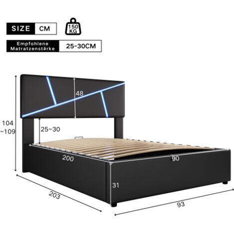 Lit d'oreiller confortable avec bande lumineuse LED, 90  200 cm, lit double, noir