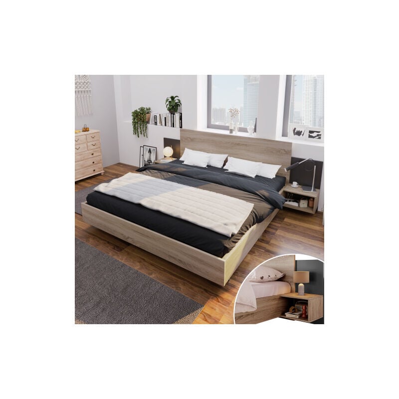 Liberté - Lit doubl en bois 160 x 200cm, lit moderne avec 2 tables de chevet, 205,5x235x76,5 cm (p/l/h) en chêne Sonoma/gris foncé