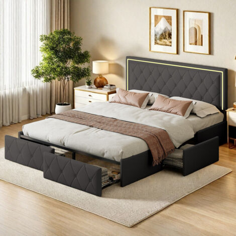 Lit double 140 x 200 avec tête de lit réglable - Lit adulte 140 x 200 avec 4 tiroirs sous le lit - Sommier à lattes - Cuir PU imperméable - Gris