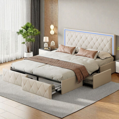Lit double 140 x 200 avec tête de lit réglable - Lit adulte 140 x 200 - Cuir PU imperméable - Beige - 4 tiroirs sous le lit - Sommier à lattes