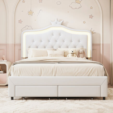Lit double 140 x 200 cm avec 2 Tiroirs et LED , Lit fille,Lit princesse, sommier à lattes, cadre de lit 140 x 200, PU, blanc