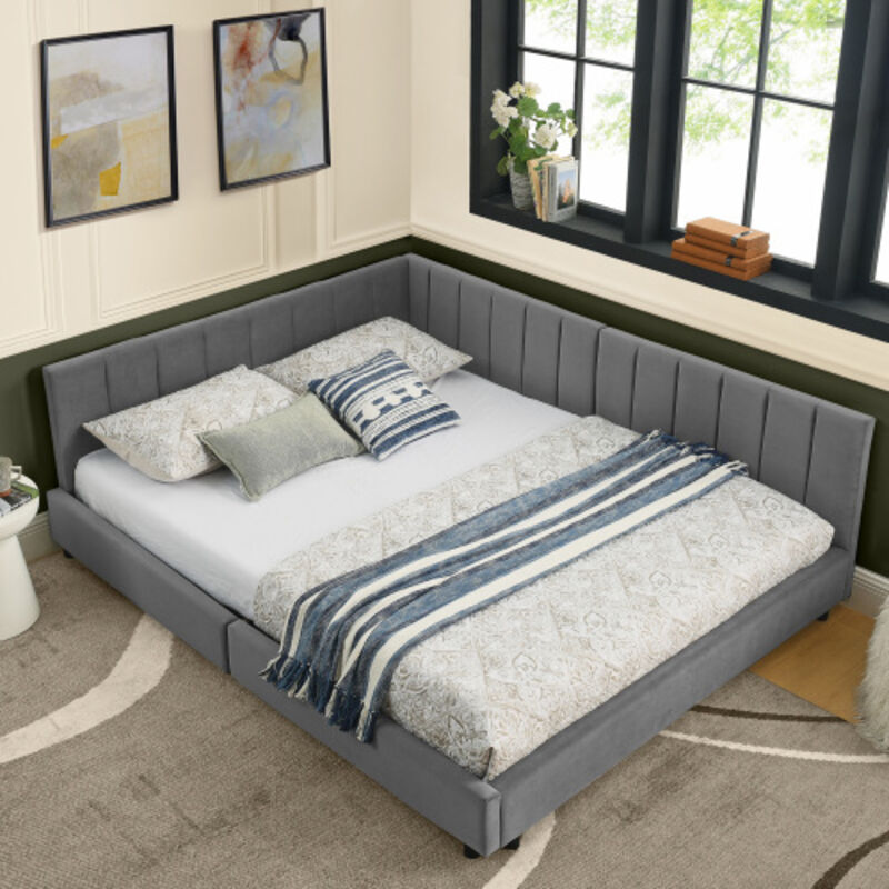 Lit double 160 x 200 cm - Lit adulte avec haute tête de lit - En velours gris foncé - Sans matelas