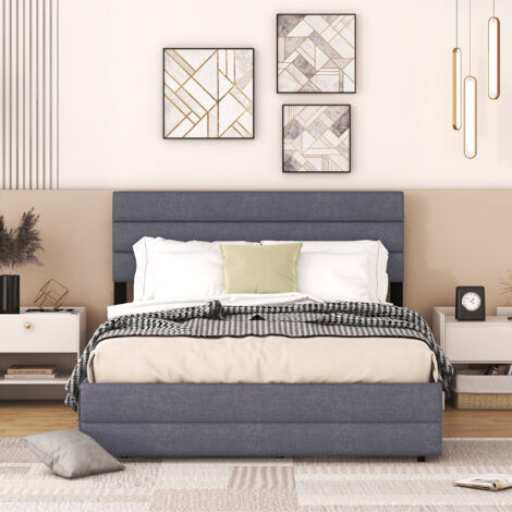 Lit double, 140 x 200 cm, lit adulte-enfant, lit en lin avec tiroirs, 2 tiroirs, gris