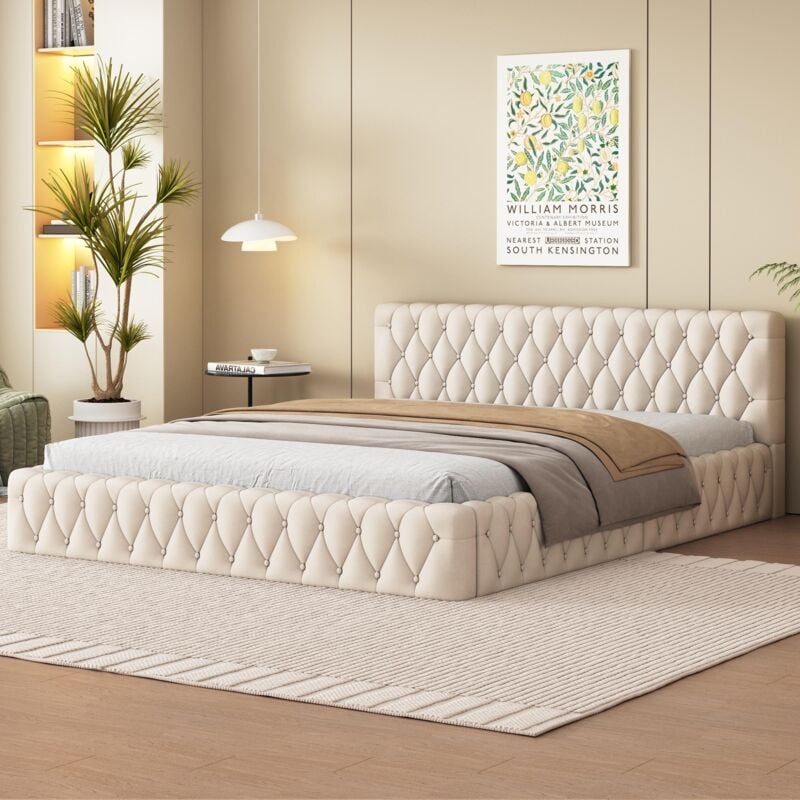 Hauss Spole - Lit double 140 x 200 cm, lit adulte, lit ado, velours, beige