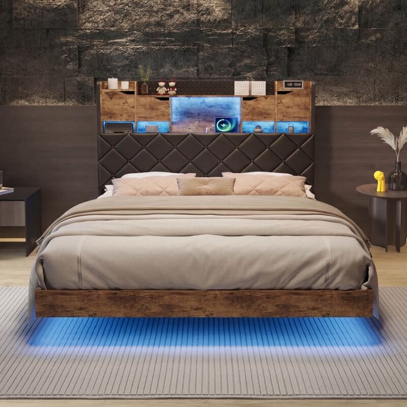 Lit double 140 x 200 cm - lit adutle avec étagères et espace de rangement dissimulé, LED, portes de USB, vintage, sommier à lattes en bois, tête de
