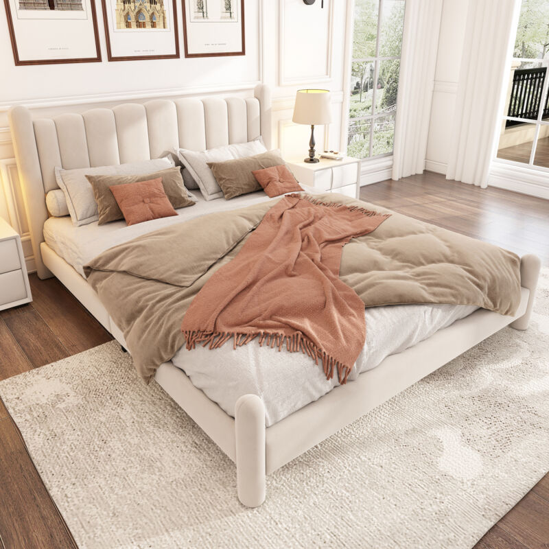 Sunfecili - Lit double 160 x 200 cm,lit rembourré,lit adulte,lit 160x200 avec sommier à lattes et tête de lit,velours,Beige