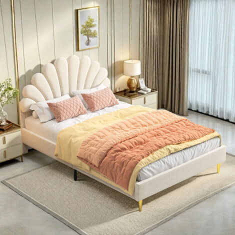 Lit double 140 x 200–Lit adulte 140 x 200 avec tête de lit réglable–Pieds métal–Sommier à lattes–Scandinave moderne–Velour–Beige