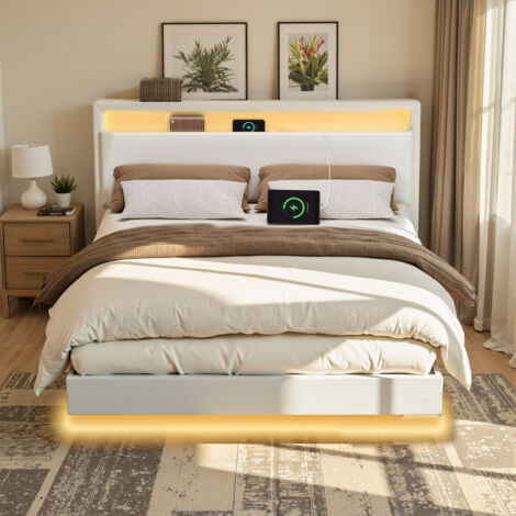 Lit Double 140,1 x 190,1 cm, Cadre Flottant avec Éclairage LED, Tête Haute, Multiprise, Style Moderne, Blanc